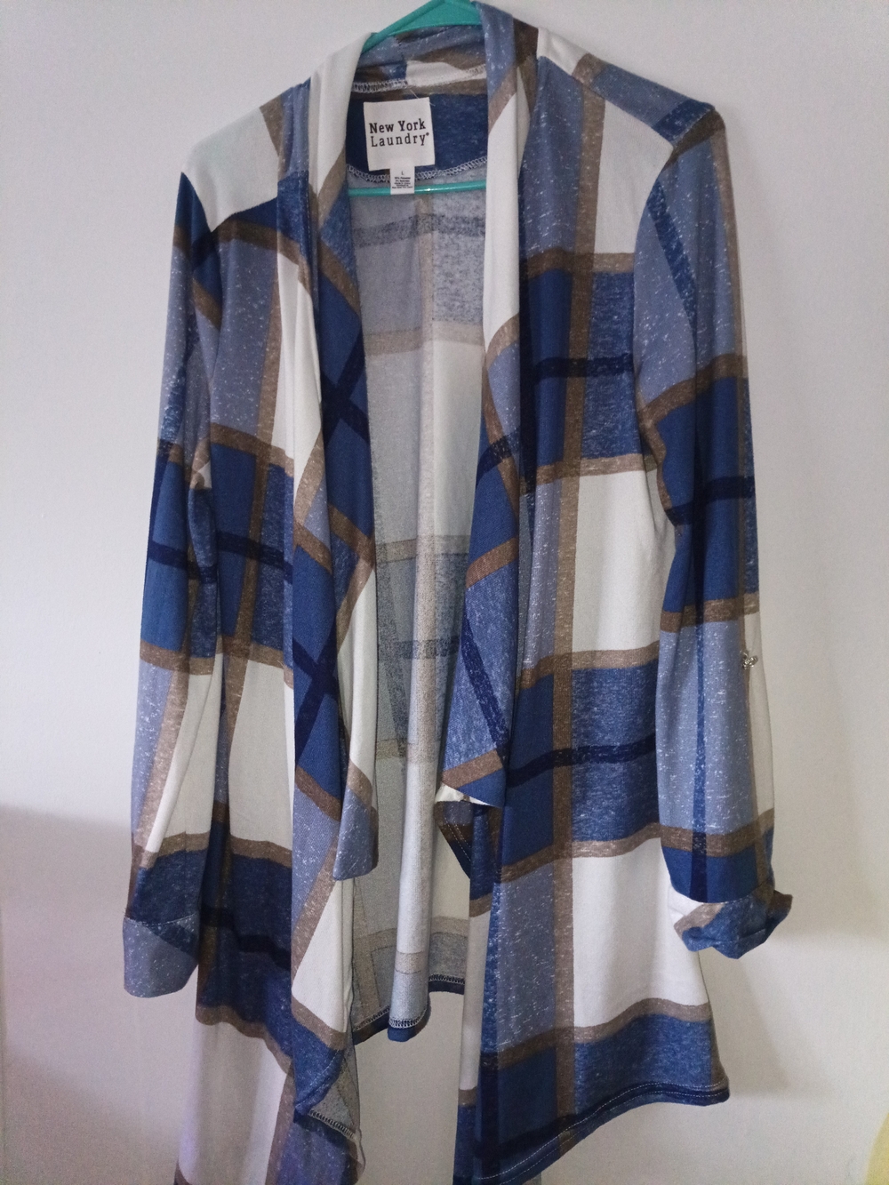 New York Laundry Blue White Brown Plaid Drape Cardigan